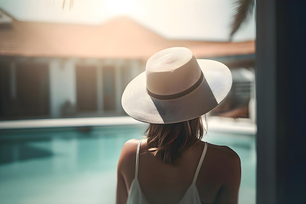 Mujer con sombrero de vacaciones junto a la piscina IA generativa