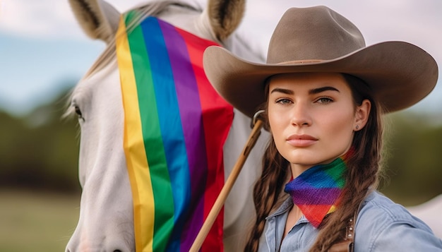 Una mujer con un sombrero de vaquero se para al lado de un caballo con una bandera del arco iris.