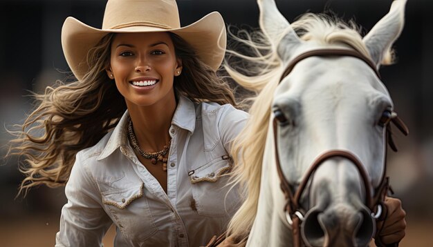 Foto una mujer con un sombrero de vaquero está sonriendo mientras monta un caballo
