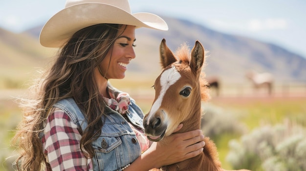 Una mujer con un sombrero de vaquero sosteniendo un caballo bebé