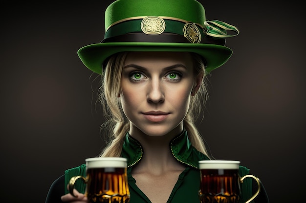 Una mujer con un sombrero verde sostiene dos vasos de cerveza.