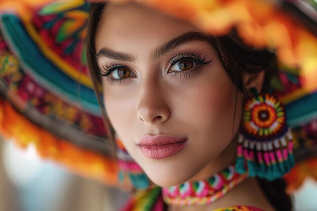 Foto mujer con sombrero y vestido de colores