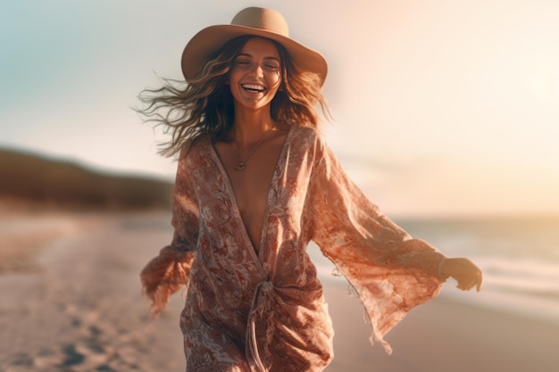 Una mujer con sombrero y vestido corre por la playa.