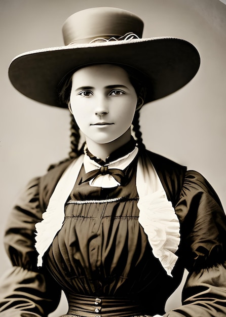 Una mujer con sombrero y vestido con la palabra "la palabra".