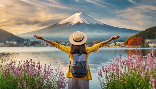 mujer con sombrero de vista trasera brazos levantados que simbolizan libertad y relajación en una foto de stock