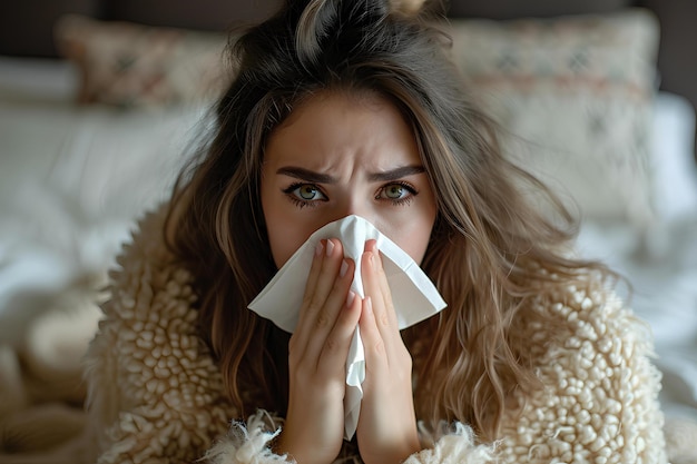 Mujer sonándose la nariz en una cama