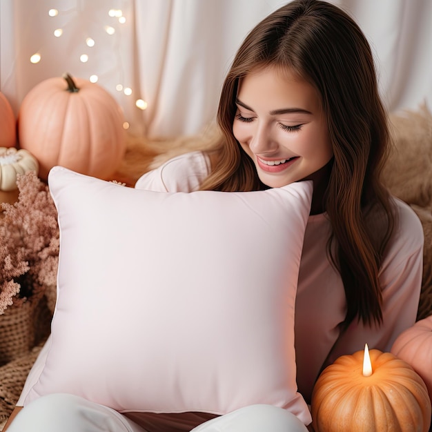 una mujer sonríe al lado de una almohada con una vela en ella