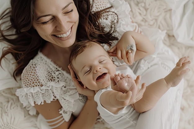 Foto una mujer sonríe con un bebé y el bebé está sonriendo