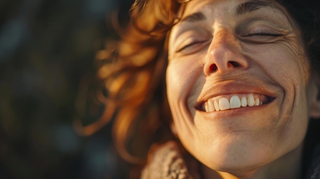 Una mujer sonríe con la boca cerrada pero sus ojos se iluminan revelando la verdadera felicidad dentro