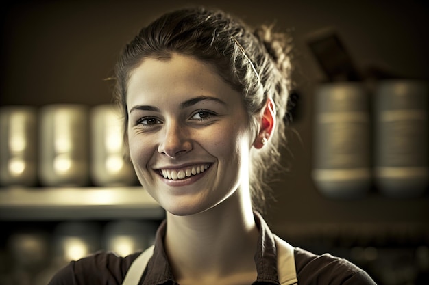 Una mujer sonríe a la cámara en una cafetería.