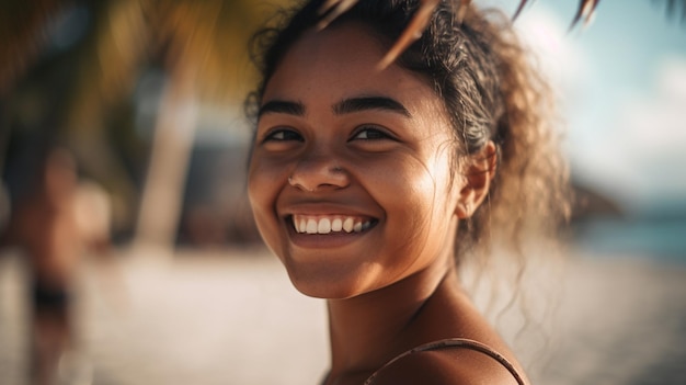 Una mujer sonríe a la cámara en una playa.