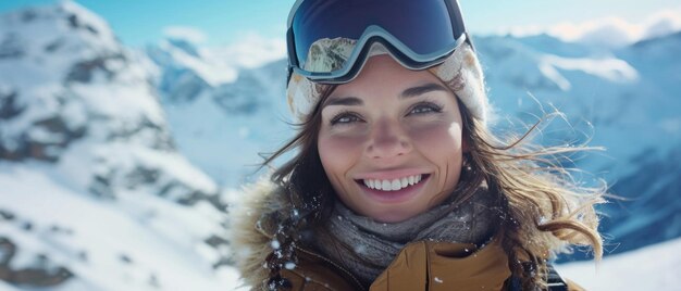 una mujer sonríe a la cámara usando gafas de esquí frente a las montañas nevadas