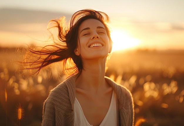 Foto una mujer sonríe en un campo con el sol detrás de ella