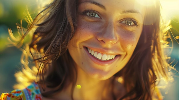 Foto una mujer sonríe para una foto con una sonrisa que dice sonrisa