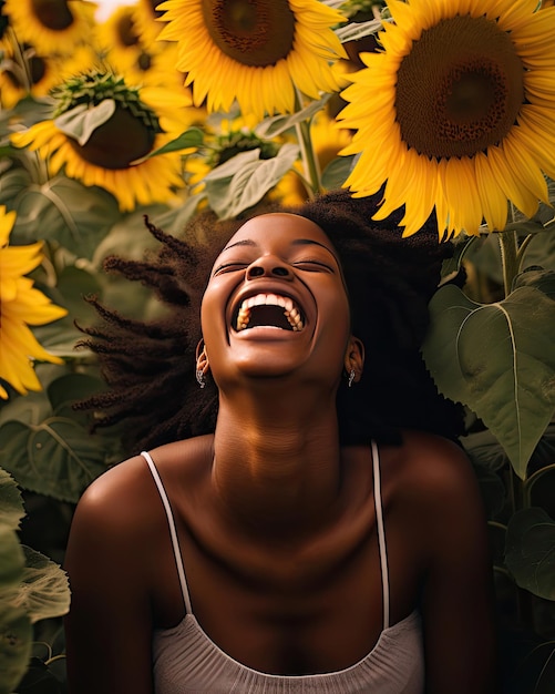 una mujer sonríe frente a un girasol