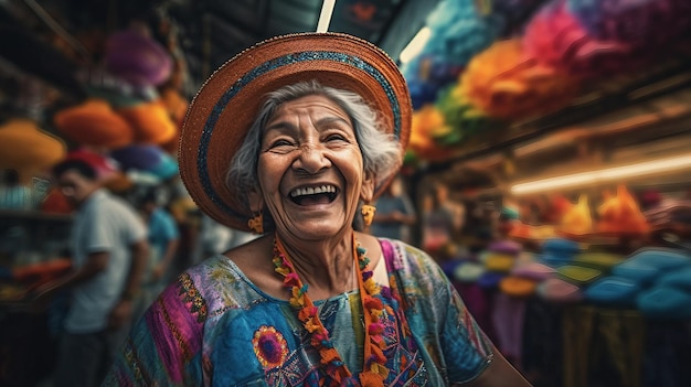 Una mujer sonríe en un mercado con ropa colorida.