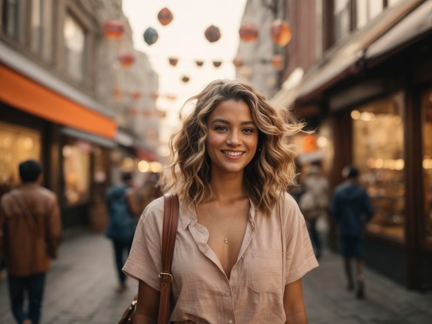 una mujer sonríe mientras camina por una calle en una ciudad con gente