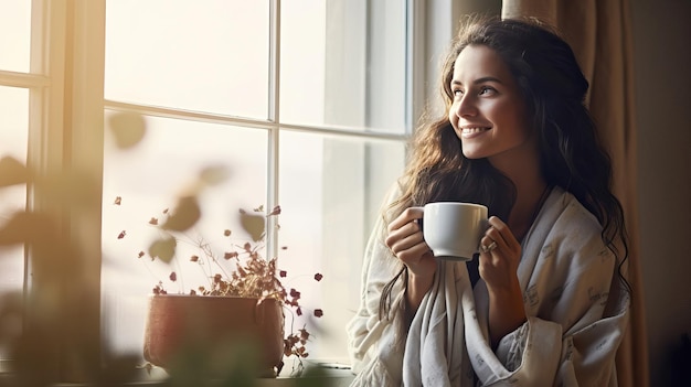 una mujer sonríe mientras sostiene una taza de café.