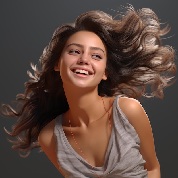 una mujer sonríe con el pelo ondeando al viento