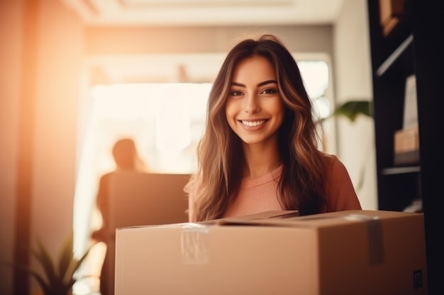 Una mujer sonríe sosteniendo una caja de cartón El concepto es recibir con alegría