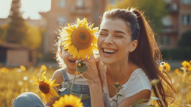 una mujer sonríe con su hija sosteniendo girasoles