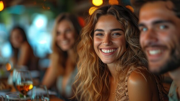 Mujer sonriendo con amigos en un bar