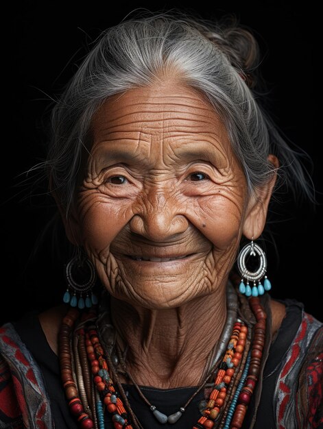 una mujer sonriendo con cabello plateado y grandes pendientes