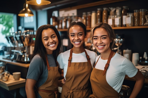 mujer sonriendo a la cámara en la cafetería Grupo multiétnico de mujeres jóvenes felices divirtiéndose juntas en la cafetería