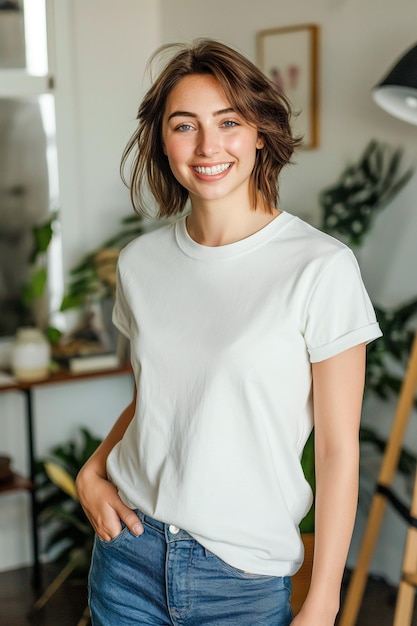 Foto una mujer está sonriendo y con una camisa blanca y pantalones vaqueros azules