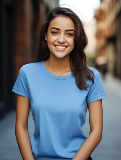 una mujer sonriendo con una camiseta azul de alta calidad para un diseño de maqueta