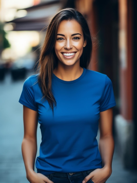 una mujer sonriendo con una camiseta azul de alta calidad para un diseño de maqueta