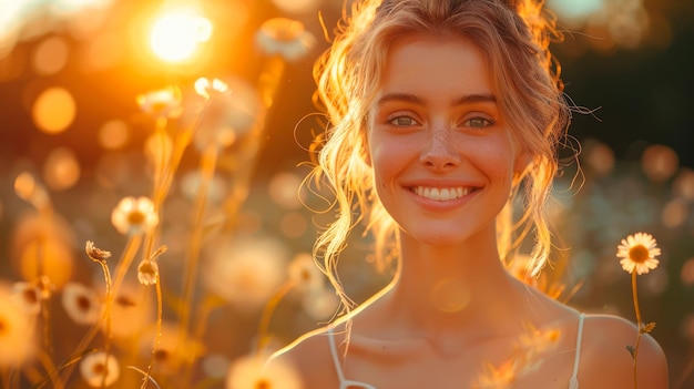 Mujer sonriendo en un campo de flores IA generativa