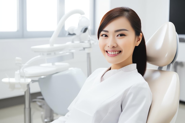 Una mujer sonriendo en una clínica dental durante un chequeo de rutina en un día soleado