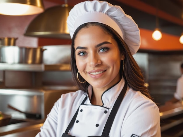 una mujer sonriendo en una cocina con una sonrisa en su cara