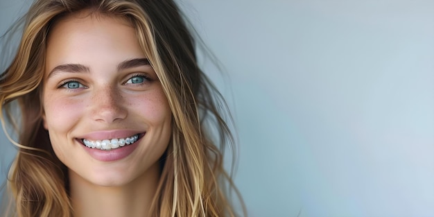 Foto mujer sonriendo con confianza en alineadores ortodóncicos cuidado dental moderno fondo brillante concepto cuidado dental tratamiento ortodóncio confianza aumentar sonrisa brillante odontología moderna