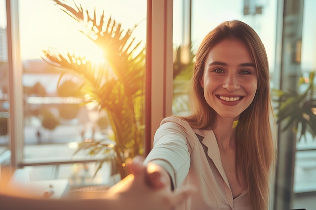 Foto una mujer está sonriendo y estrechando la mano con otra mujer frente a una ventana con vista a la ciudad