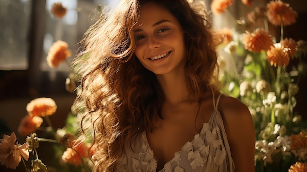 Una mujer sonriendo feliz con una flor en el cabello y un sol detrás de ella