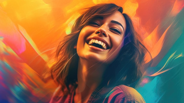 Una mujer sonriendo con un fondo colorido que dice "feliz"