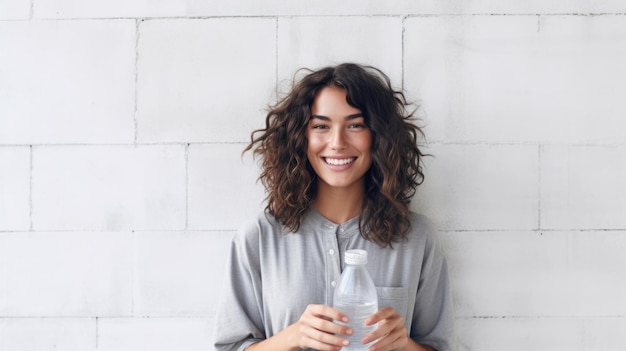 mujer_sonriendo_frente_a_pared_blanca_con_esterilla_y_agua