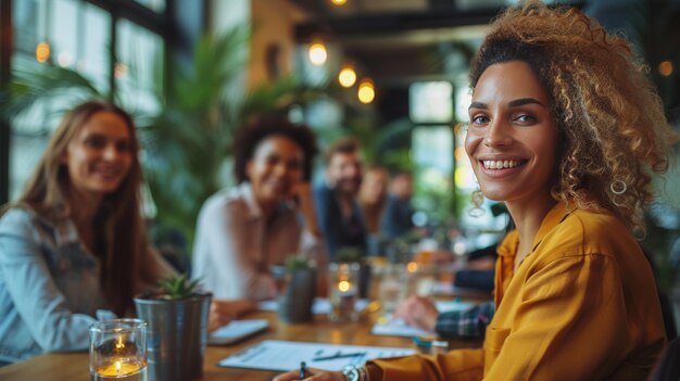 Mujer sonriendo frente al grupo