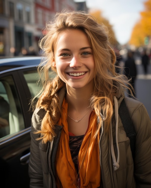 una mujer sonriendo frente a un auto negro