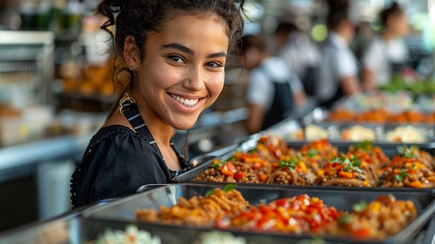 una mujer sonriendo frente a un buffet de comida