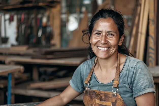 Foto una mujer sonriendo frente a una estructura de madera con una gran sonrisa