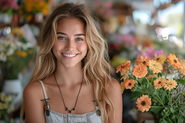 Una mujer sonriendo frente a las flores