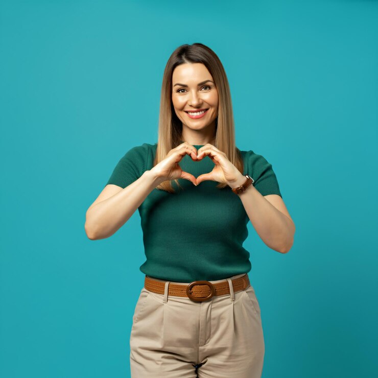 Una mujer sonriendo haciendo una forma de corazón con sus manos contra un fondo azulado