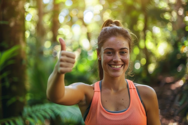 Foto una mujer está sonriendo y levantando el pulgar en un bosque.