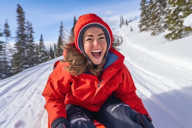 Una mujer sonriendo mientras baja una colina en un trineo rojo brillante