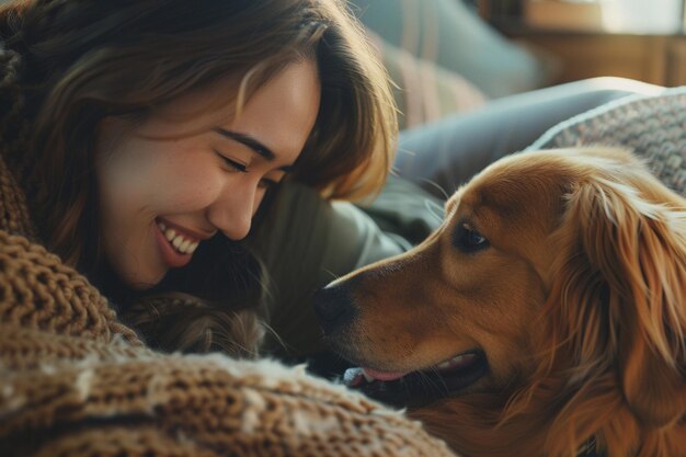 Foto una mujer sonriendo mientras juega con su perro octavo