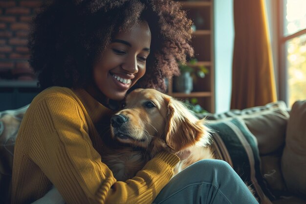 Una mujer sonriendo mientras juega con su perro octavo