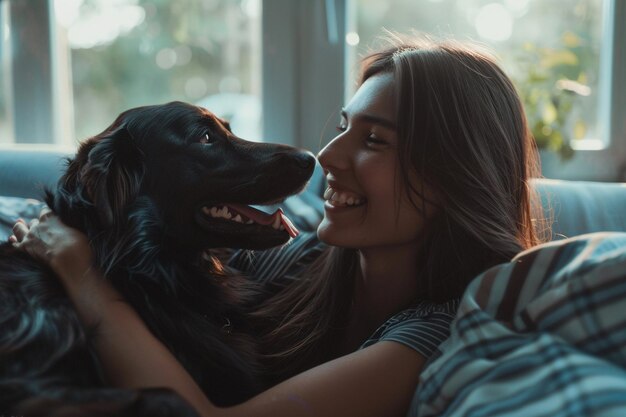 Mujer sonriendo mientras juega con su perro